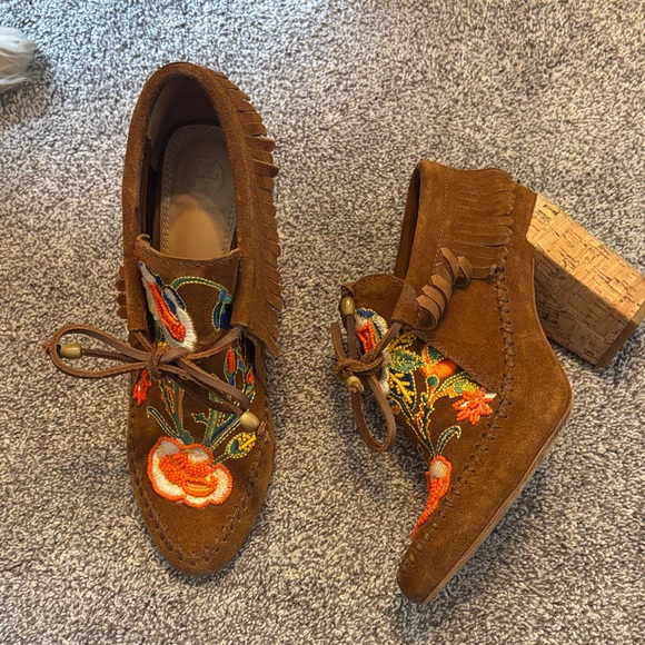 Tory Burch Shoes - Tory Burch Huntington Beaded Suede Fringe Heeled Bootie